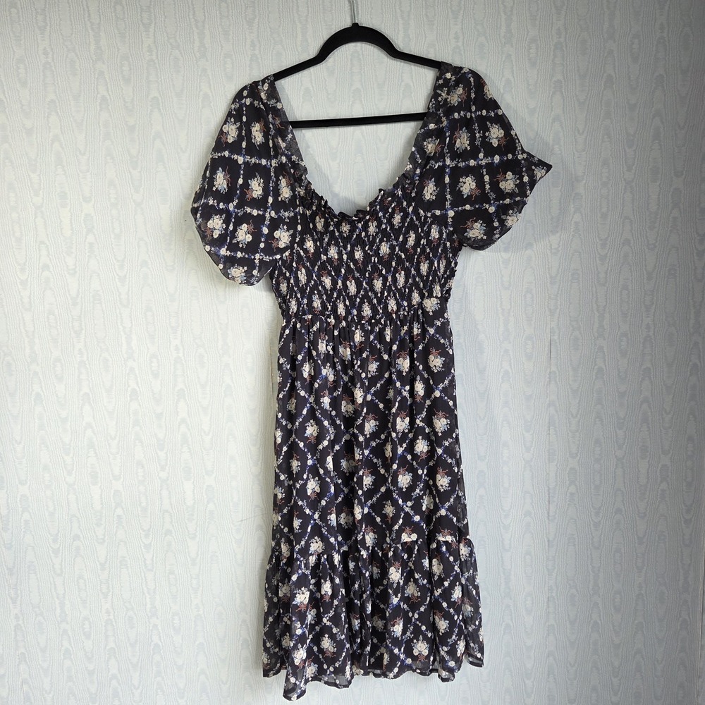 Lauren Conrad Small Midi Dress Smocked Navy Floral Puff Sleeve Cottage Delicate - Picture 5 of 10